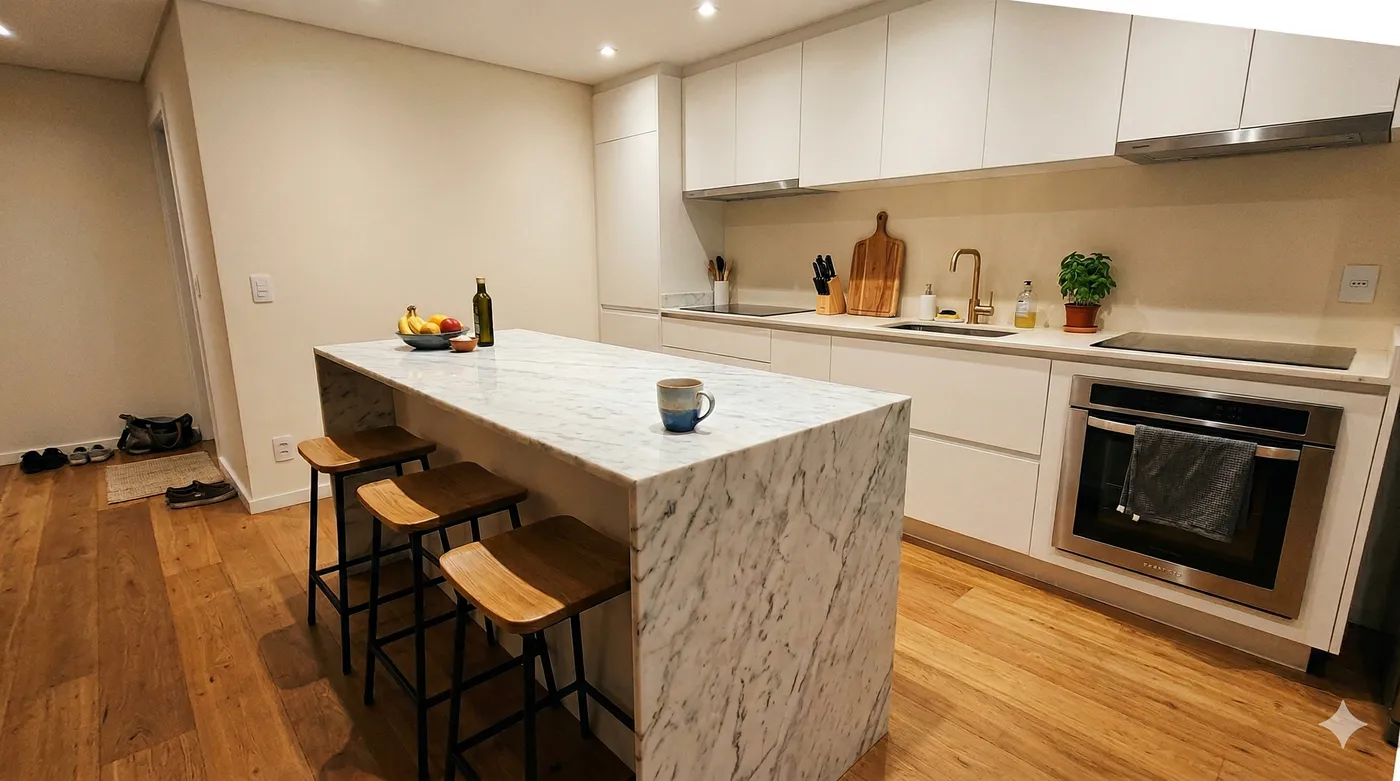 Cozinha planejada com ilha central em mármore Branco Carrara e piso de madeira