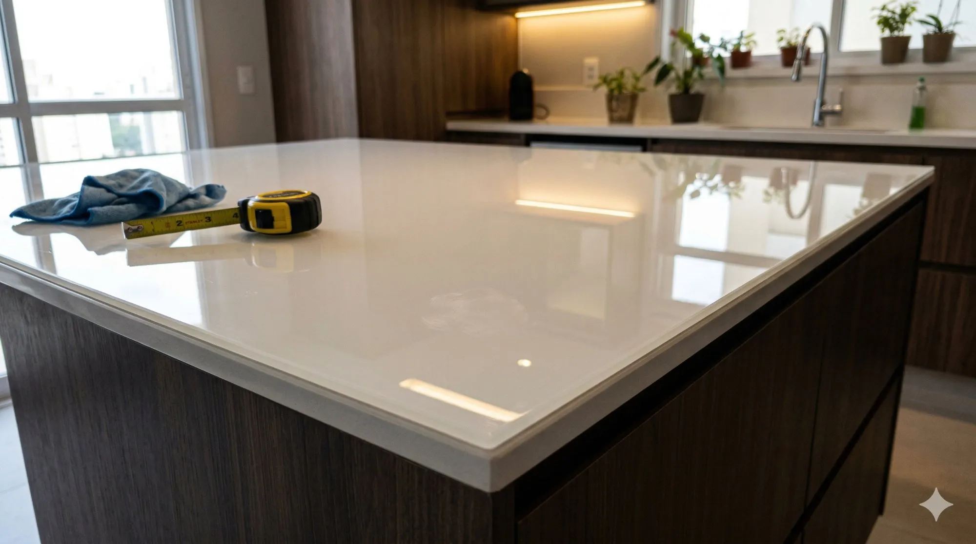 Ilha de cozinha com bancada em Nanoglass branco polido em apartamento moderno