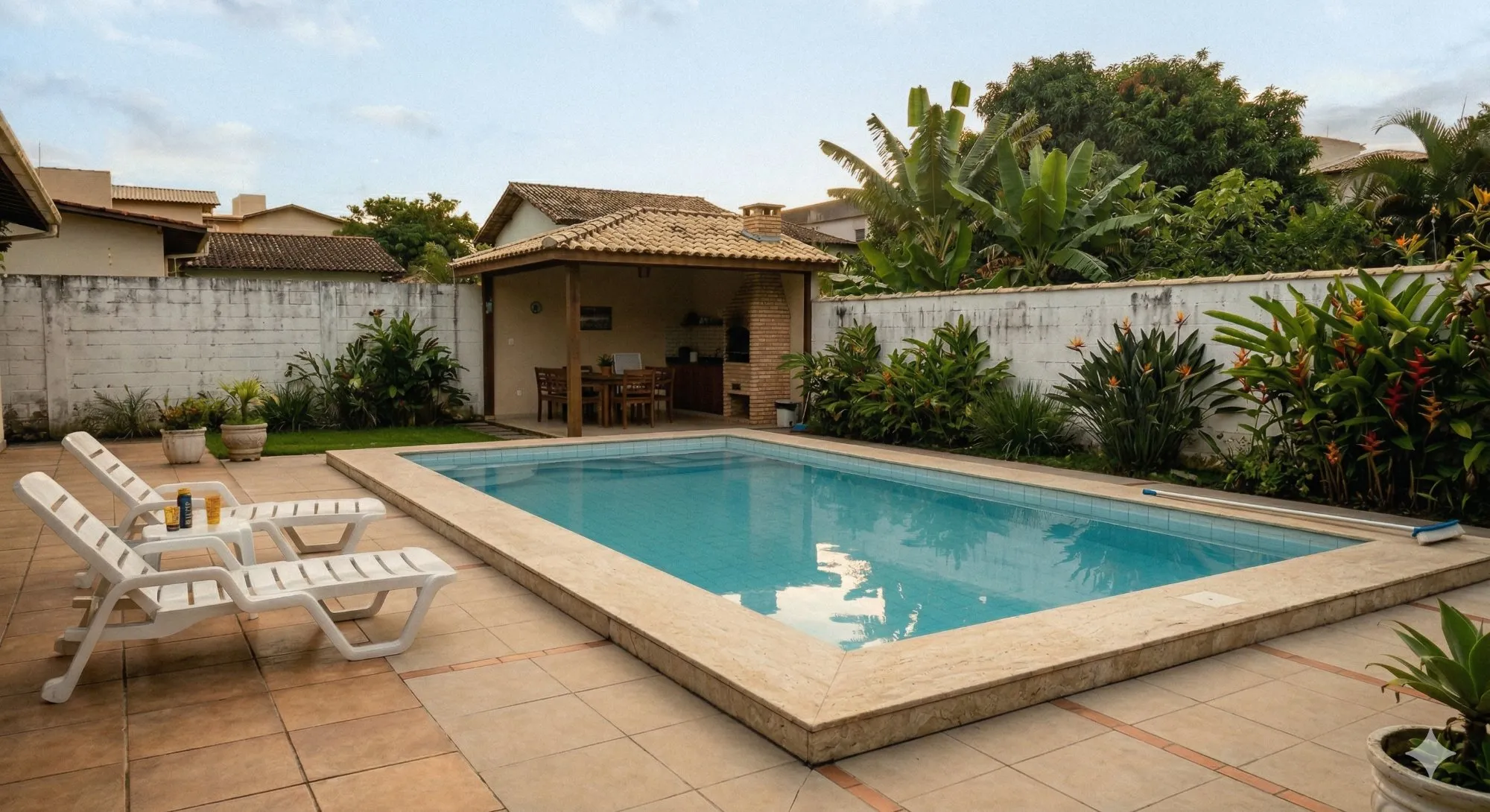 Borda de piscina em pedra natural com deck e área externa de lazer