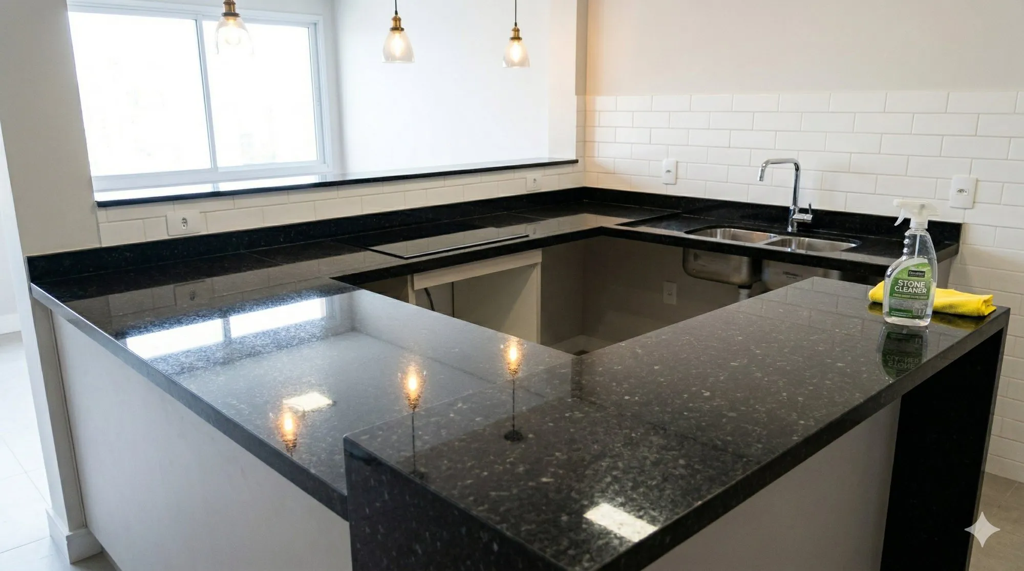 Cozinha em U com bancada de granito Preto São Gabriel e cuba dupla