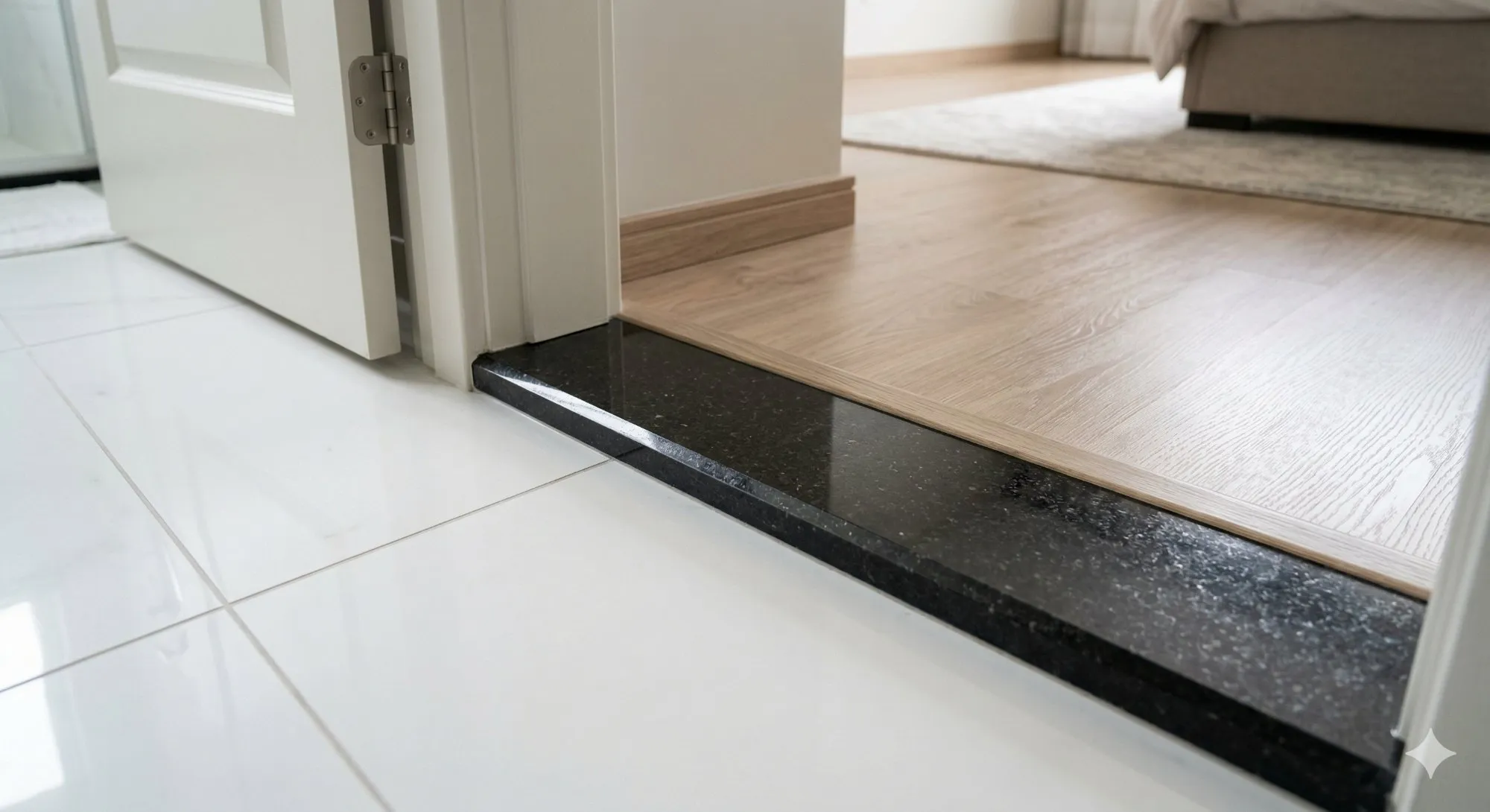 Soleira em granito Preto São Gabriel polido na transição entre porcelanato e piso laminado