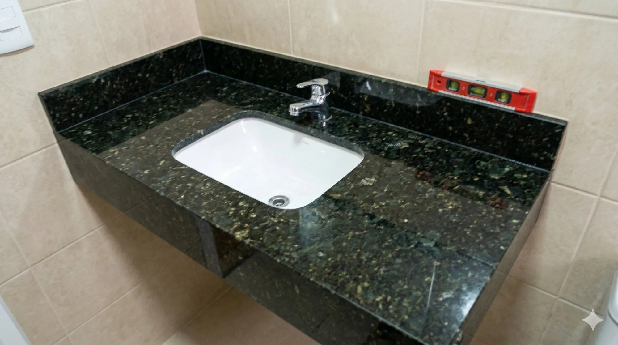 Bancada de lavabo em granito Verde Ubatuba com cuba branca retangular embutida